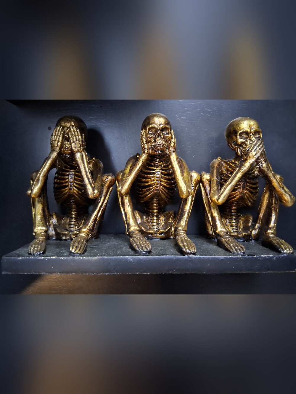 Gold Three Wise Skeletons Home Art Figurine , Heavy See No Evil Speak No Evil